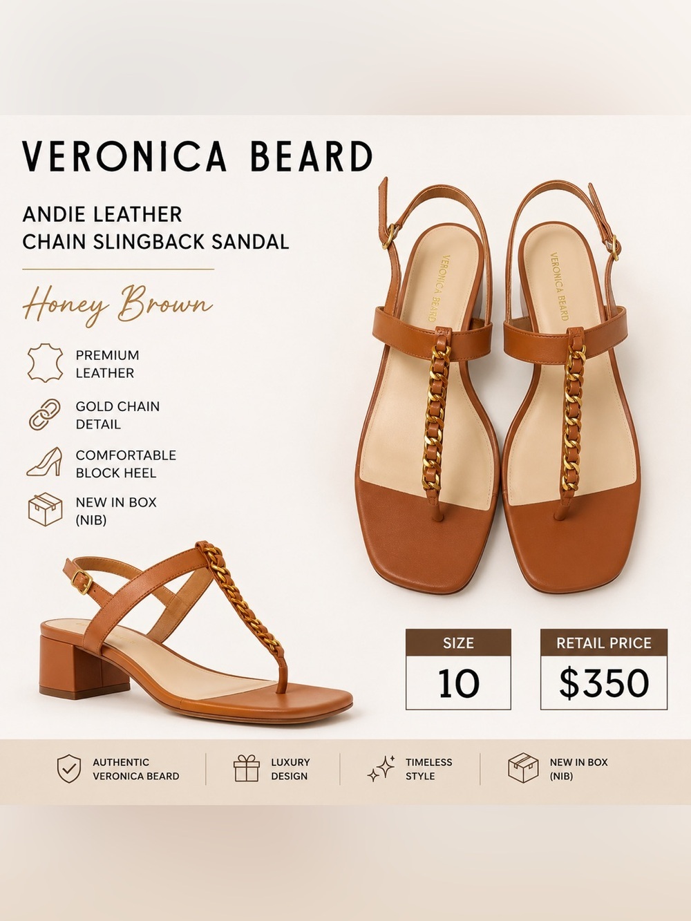 Veronica Beard Andie Leather Chain
Slingback Sandal Honey Brown 10 NIB/Display